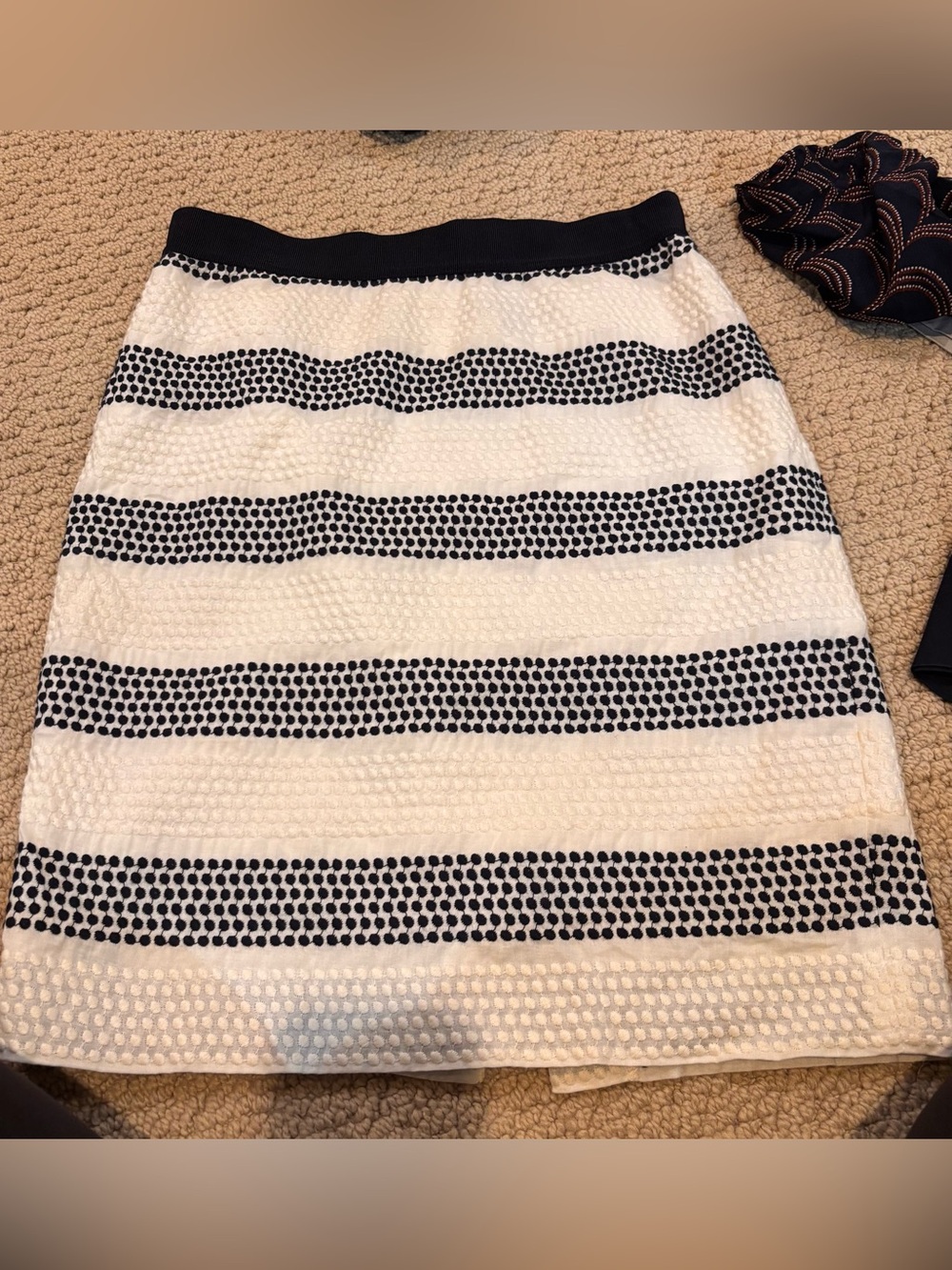 Striped Textured A-Line Skirt - White and navy